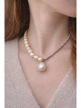 DANNIJO Pink Bead & Baroque Freshwater Pearl Collar Pendant Necklace Adjustable